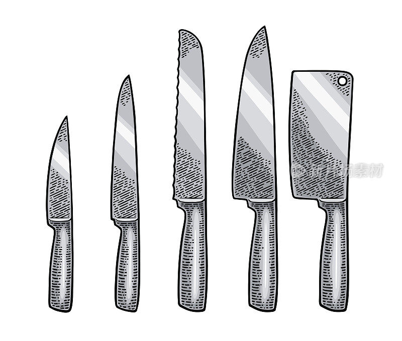 Set kitchen knifes and manual meat grinder. Vector engraving